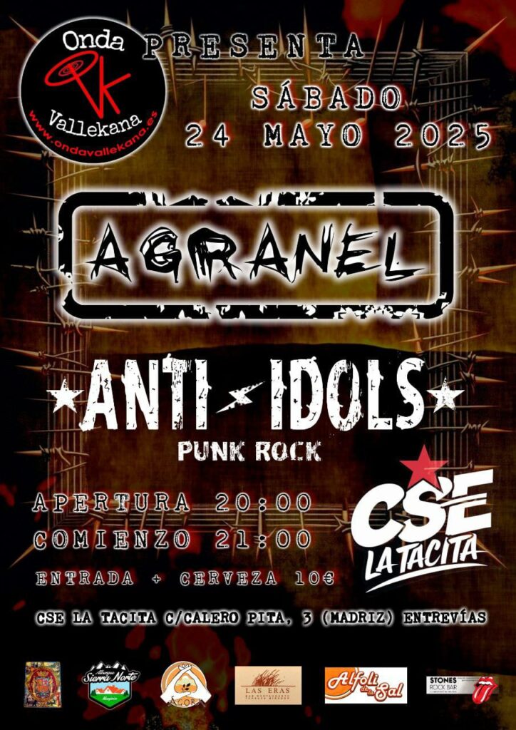 Os esperamos a tod@s el proximo 24 mayo en la tacita de plata , el archiconocido CSE, en el Valle del Kas de Madrid, para disfrutar de un evento mas, por la causa de nuestra querida radio ONDAVALLEKANA OVK. En este concierto actuaran las 2 bandas ANTI-IDOLS y AGRANEL.....buena musica punkrock, no falteis a la cita